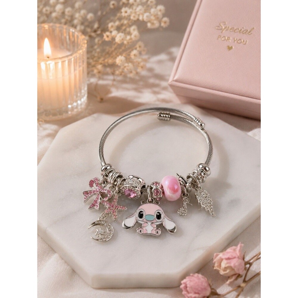Pink Stitch Charm Bracelet Silver Tone Rhinestone Heart Star Bow Moon